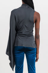 One sleeve draped shiny top