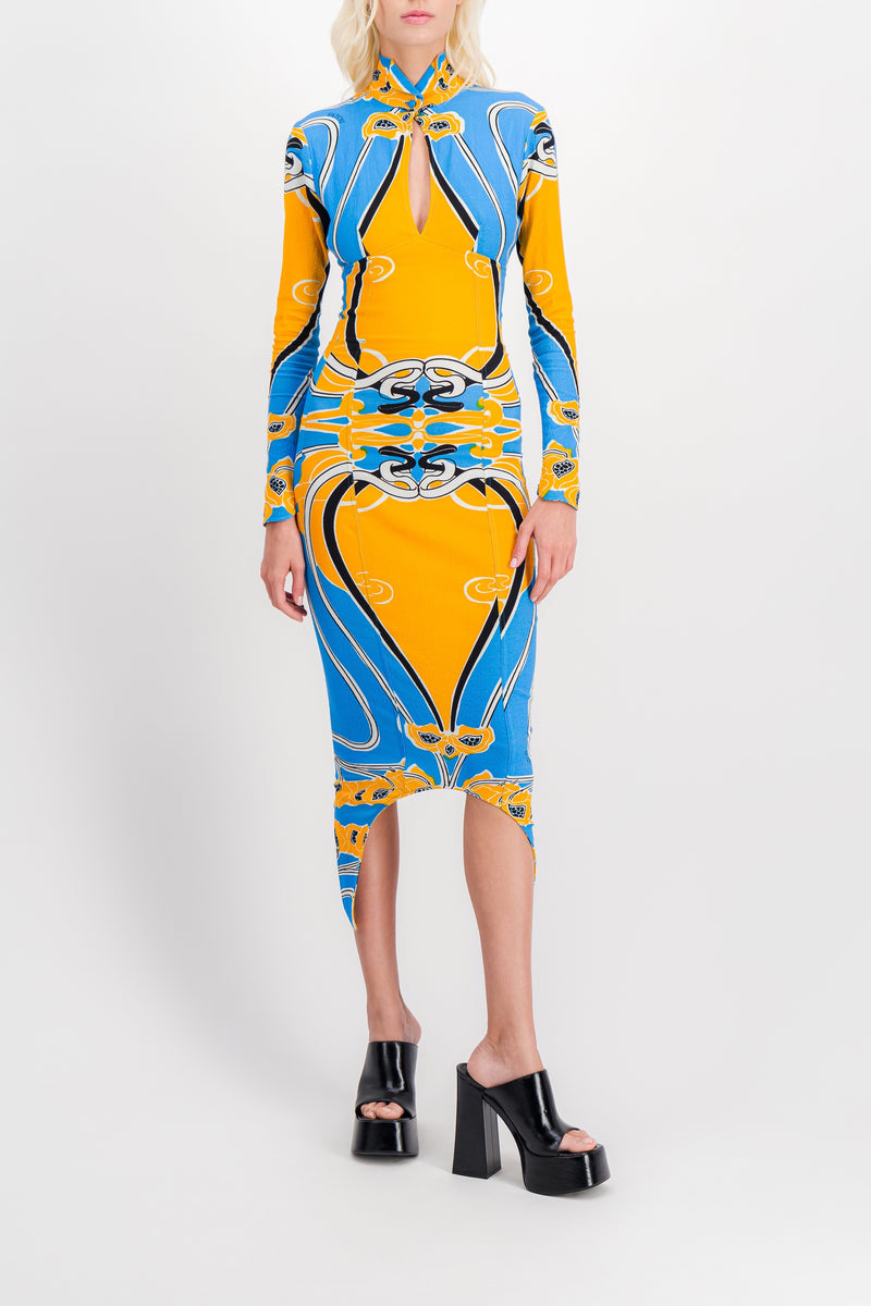 Patou - Printed cut out curve midi dress with long sleeves