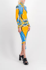 Printed cut out curve midi dress with long sleeves