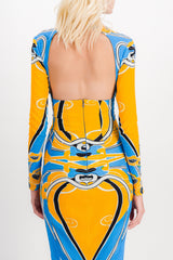 Printed cut out curve midi dress with long sleeves
