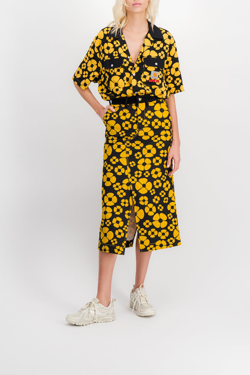 Marni - Yellow-black flower printed midi skirt with front slit