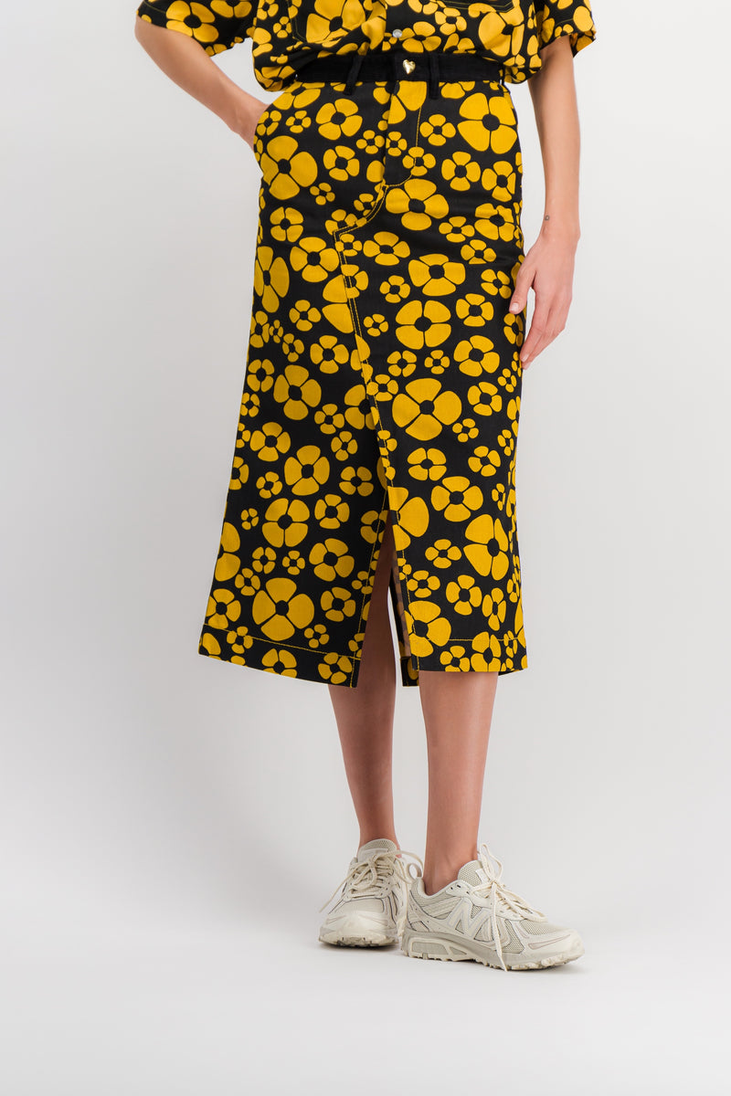 Marni - Yellow-black flower printed midi skirt with front slit