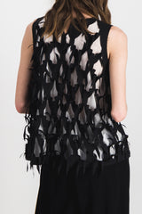 Bi-fabric top with cut-outs and contrast lining